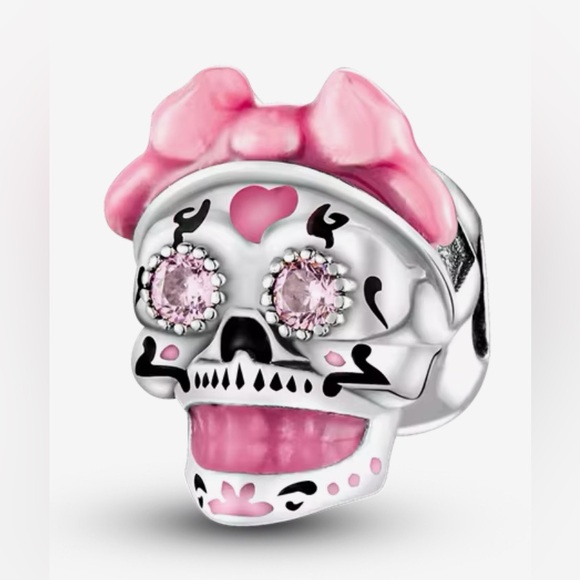Pink and Silver Skull Charm For Pandora Braclets - Picture 1 of 4